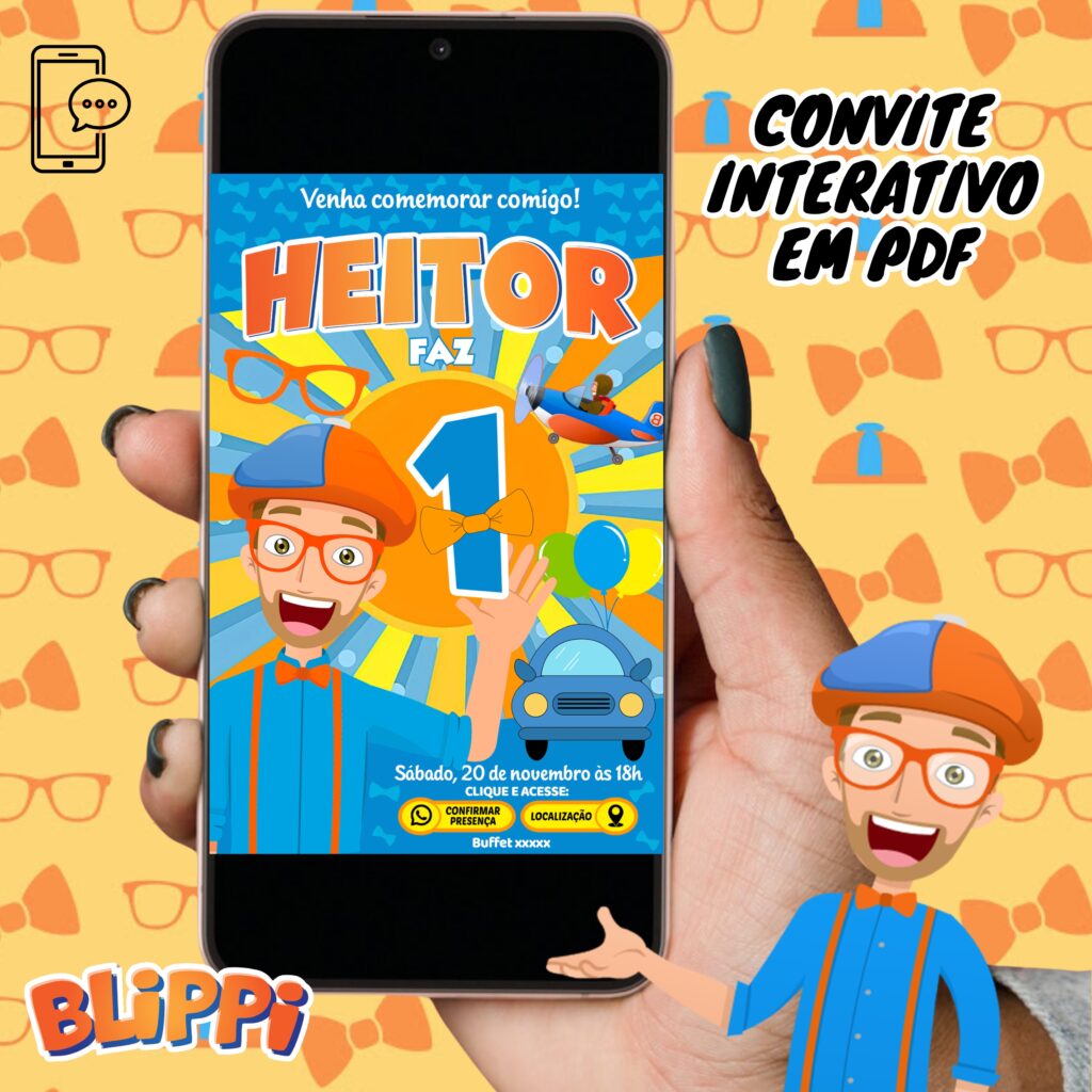 Convite Digital Interativo Blippi em PDF Botões Clicáveis