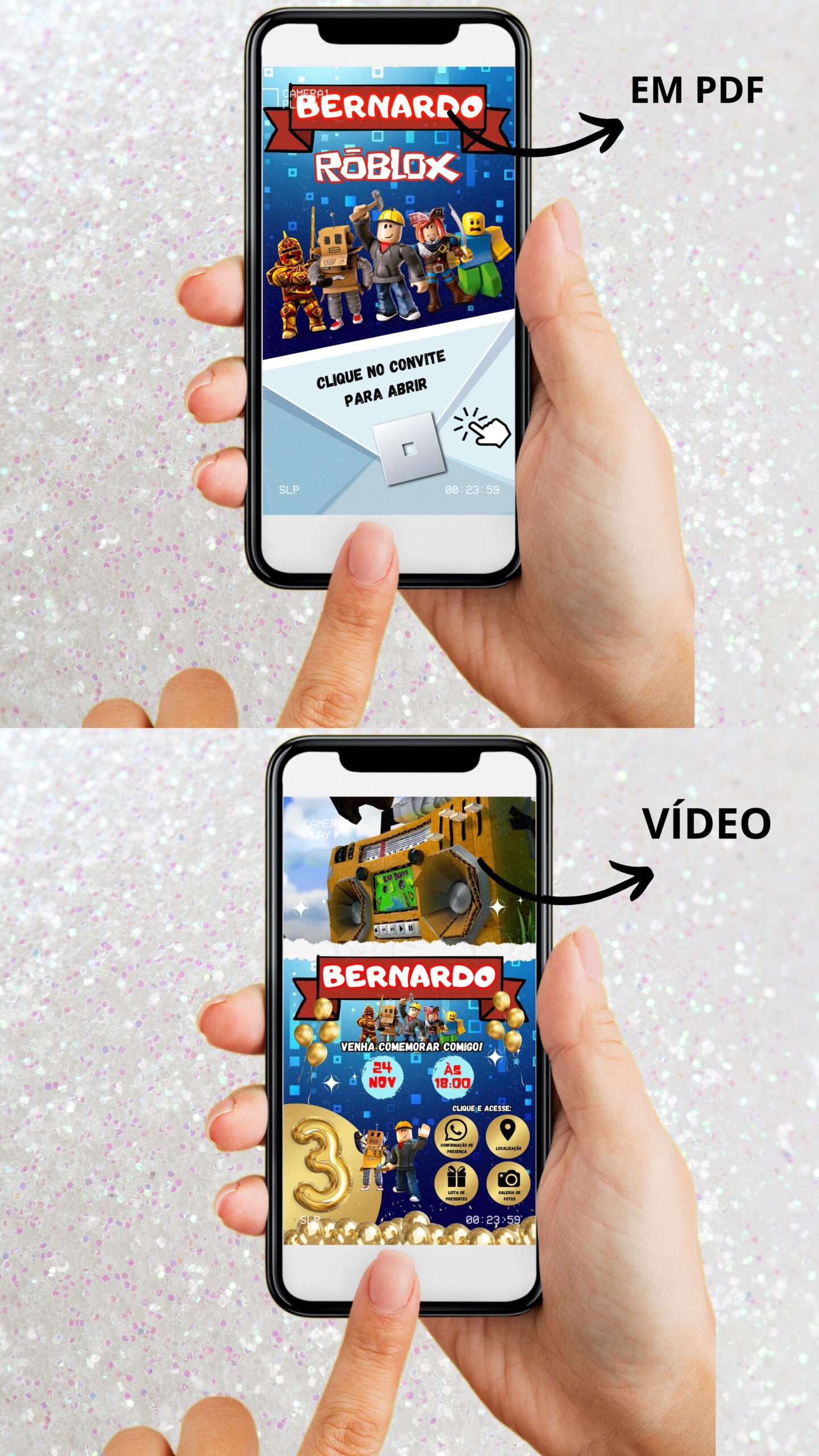 Convite Digital Interativo Roblox com Vídeo e Botões Clicáveis – Montando a  Sua Festa Oficial