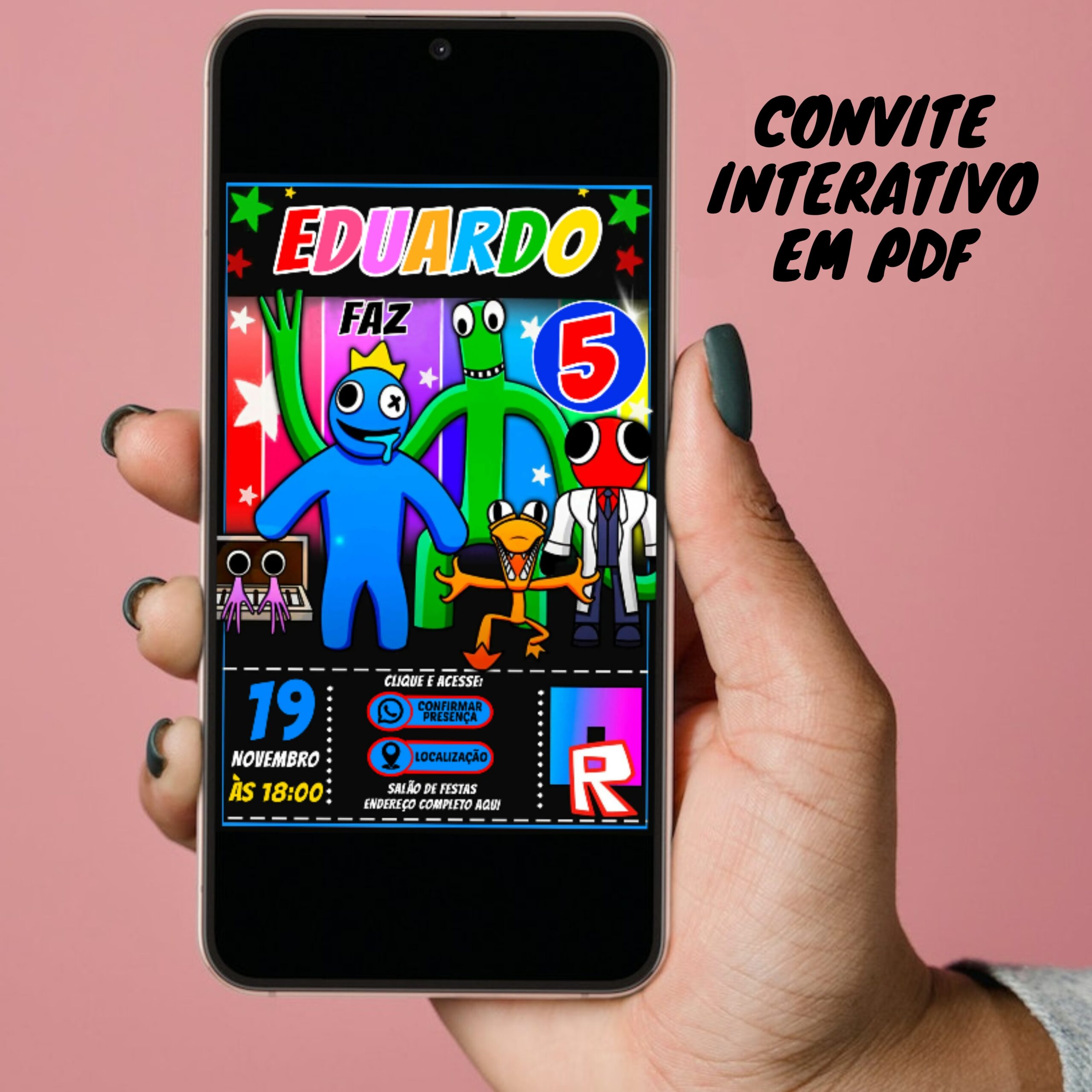 Convite Digital Interativo Rainbow Friends com Botões Clicáveis