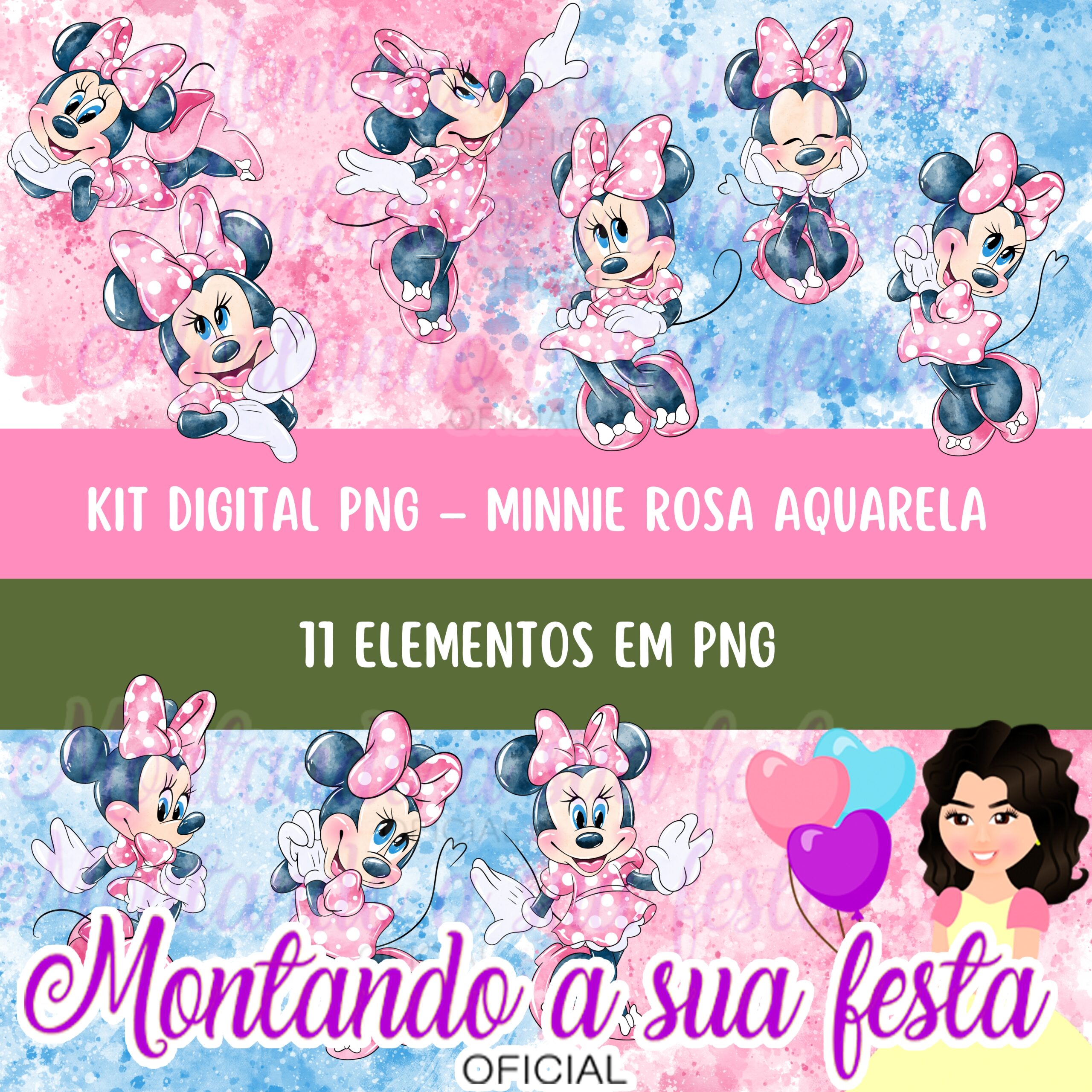 Kit Digital Png – Minnie Rosa Aquarela