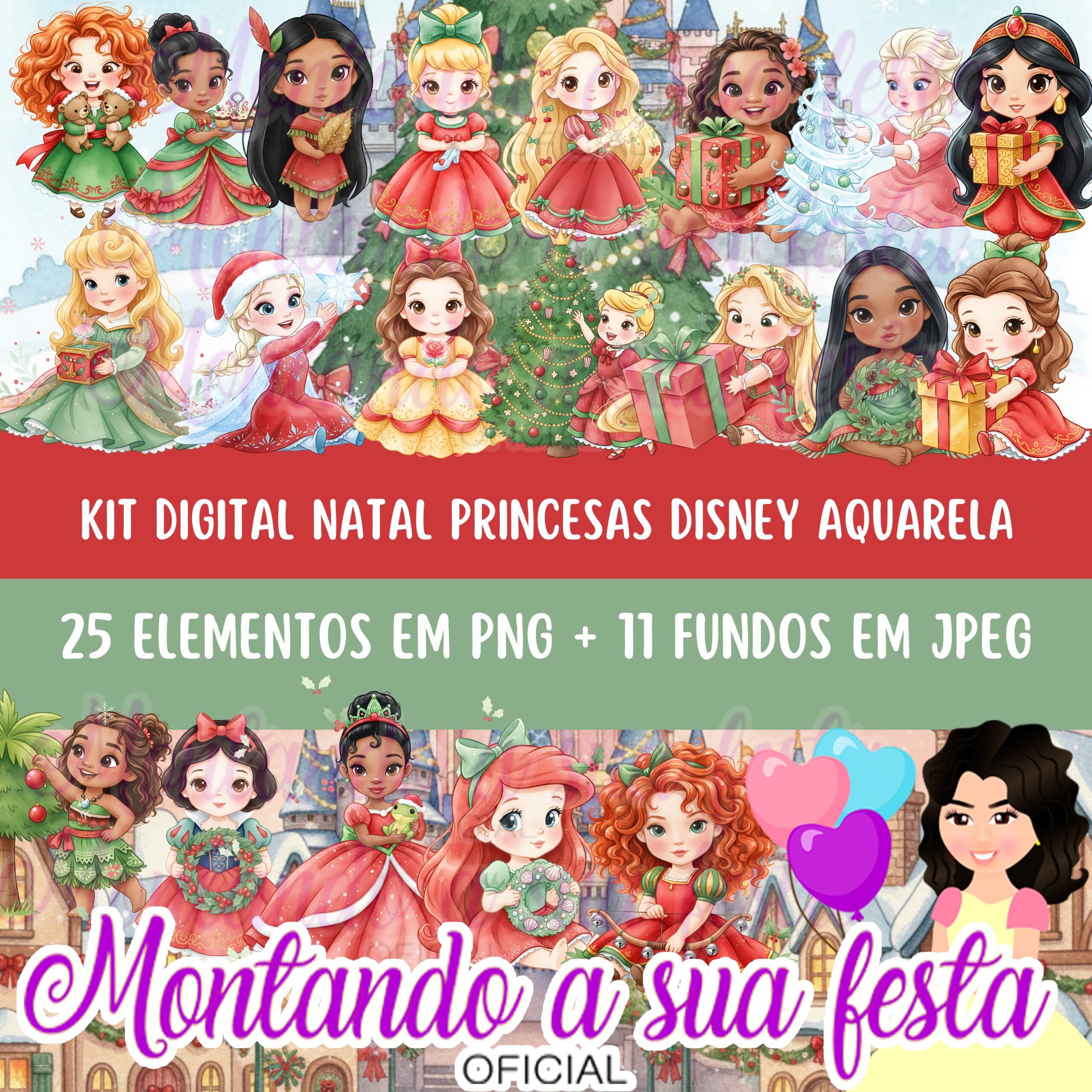 Natal Princesas Disney Aquarela